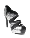 Glitter-covered cutout leather creates dramatic angles that reveal hints of skin, for a glamorous statement.Leather-covered heel, 4 (100mm) Covered platform, ½ (15mm) Compares to a 3½ heel (90mm) Peep toe Glitter covered cutout leather Back zipper Leather lining and sole Padded insole Imported