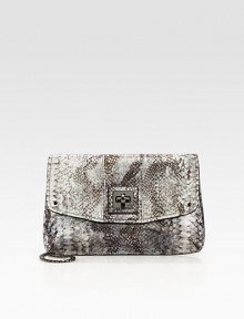 Soft metallic leather takes on a python print for a compact, trend-worthy look. Detachable chain shoulder strap, 10½ dropFlap with turn-lock closureBack open pocketOne inside zip pocketTwo inside open pocketsCotton lining11W X 7H X ¾DImported