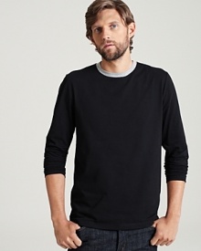 Long sleeve crewneck tee shirt in a comfortable, lightweight cotton. Contrasting, ringer collar.