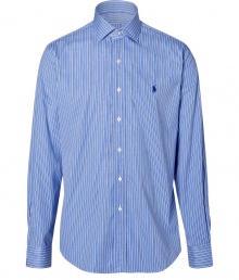 Anchor your wardrobe with elegant indispensables like Polo Ralph Laurens smartly striped dress shirt - Crafted in a pure, blue cotton poplin - Classically slim, straight cut - Kent collar, long cuffed sleeves and full button placket - Iconic embroidered polo pony logo at chest - Versatile and polished, a must for both work and weekend - Pair with a suit, or go for a more casual look with chinos and jeans