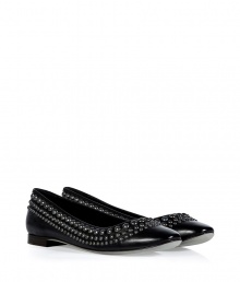 Inject your ladylike looks with an edge of rocker-chic elegance in Sergio Rossis sleek black studded leather ballerinas - Rounded toe, metal studs, stacked leather heel - Team with modern knits and micro-minis, or pair with oversized blazers and cool leather leggings