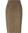 Luxurious pencil skirt in khaki suede - a highlight piece from the French leather label Jitrois, known for their luxurious, sexy clothes - classic pencil cut with new, high waist - seam ends at your knee - new length - makes your figure a knockout, youve never worn such a skirt that shows off your curves and makes you totally slim, too - in the office with a blazer and blouse, for evening with a tunic and sandals