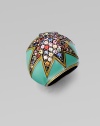 Colorful stones in a star shaped setting surrounded with enamel. Sterling silver Width, about 1 Imported 