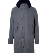 Inject a chic utilitarian edge into your outerwear wardrobe with Closeds washed grey weighty cotton parka, complete with a removable navy knit collar and full fleece lining cool enough to wear alone as a jacket - Removable navy ribbed knit wool collar, cotton spread collar underneath with hood and stand-up snapped front, hidden two-way front zip, button-down front, long sleeves, buttoned cuffs, snapped flap pockets, inside drawstring waistline, full grey fleece button-on removable lining - Classic straight fit - Wear with rugged winter boots and chic cashmere knit caps