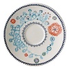 Sultana is a graphic and contemporary design in turquoise, orange, navy, and lavender inspired by laces of the Orient.