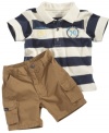 He'll look like he's ready to take to the high seas in this nautical polo shirt and cargo shorts set from Calvin Klein.