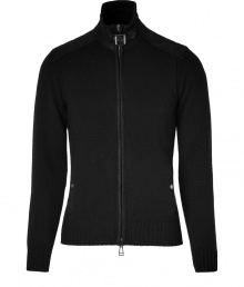 A luxe take on the timeless-classic cardigan, Belstaffs leather trimmed zip-up is an ultra cool choice however you choose you wear it - Stand-up belted leather collar, long sleeves, leather trim and shoulders, ribbed trim and sides, snapped slit pockets, front zip - Modern slim fit - Team with sleek outerwear and rugged weather boots