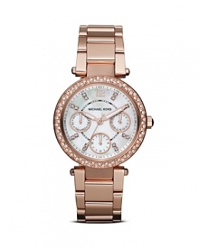 Tap this season's rose-gold jewelry trend with this chicly sized watch from MICHAEL Michael Kors, boasting a classic round shape and crystal adornments. If small, this timepiece ensures supreme round-the-clock style.