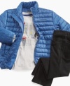 For your little urbanite is this versatile set by Kenneth Cole. It includes a pair of essential 5-pocket jeans, a long sleeve t-shirt with a metropolitan graphic, and a trendy puffer jacket. Can be easily mixed and matched.