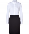 Make workweek dressing a no-brainer with this ultra-chic combo dress from Theory - Classic button-down style top with spread collar, long sleeves, and front button placket - Black pencil style skirt, fitted silhouette, back slit - Pair with a cashmere cardigan and patent leather pumps