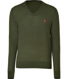 Elegant sweater in olive green merino wool is a great basic for the season - Soft feel and high-quality construction by Polo Ralph Lauren - Features contrasting embroidered logo - Narrow cut with v-neck and long sleeves - Favorite piece for everyday - Wear over shirts or tees with jeans, cords or chinos