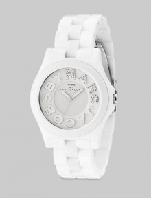 A sleek stainless steel timepiece with glitzy logo dial and sporty plastic link bracelet.Quartz movement Water resistant to 5 ATM White dial Round stainless steel case, 40mm, (1.57) Logo hour markers along outer concave ring with rhinestone 'Marc' Second hand Plastic link bracelet, 20mm, (.78) Tri-fold buckle Imported 