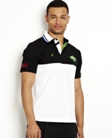 Expand your style to include other cultures with this handsome Brazil polo shirt from Nautica.