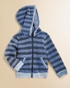 Alarmingly soft hoodie in a contrasting stripe print will make mornings easier for you and more fun for him. Attached hoodFront zipperLong sleeves with banded cuffsSplit kangaroo pocketBanded hemBody: 50% polyester/45% rayon/5% cottonTrim: 52% cotton/48% polyesterMachine washImported