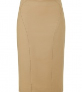 Alberta Ferretti puts a modern spin on ladylike luxe with this ultra-chic, caramel wool stretch skirt - Medium-rise, classic pencil cut features a rear kick pleat and flattering, curve-enhancing decorative seams - Zips at back - Easily transitions from the office to after-work cocktails, parties and dinners - Dress up with a silk blouse, leather jacket and pumps, or go for a more laid-back look with a boxy pullover and sandals