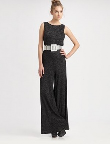 Glittering, stretch-fit lurex in a shapely wide-leg silhouette, cinched at the waist by a wide metallic belt.BoatneckSleevelessCenter back zipperAbout 53 from shoulder to hem80% viscose/11% polyester/9% polyamideDry cleanImported of Italian fabricModel shown is 5'11 (180cm) wearing US size 4.