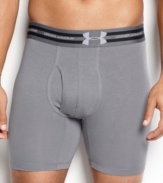 Boxer briefs in a medium-length leg that works equally well under sports gear or sportswear: Under Armour 6-inch inseam trunks with anti-odor technology, four-way stretch construction, and a durable rubber collar for comfort fit without losing shape.