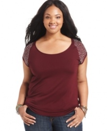 Let your casual style shine with Soprano's short sleeve plus size top, highlighted by studded detail.