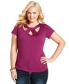 Lend a unique feel to your casual wardrobe with ING's short sleeve plus size top, featuring a cutout neckline.