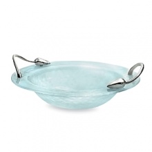 The Lotus Pond Collection takes its inspiration from the mystical and serene symbolism associated with aquatic imagery. The transparent and shimmering nature of glass perfectly expresses the quality of the surface of water. The solid metal handles rise out from the glass surface just as lotus flowers pierce water, reaching up and bending backwards. Made of nickelplate and glass.Small bowl measures 15.25 x 13.5.