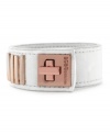 Lock up chic season style! BCBGeneration's trendy turnlock cuff bracelet features crisp hues and rosy tones in white PVC and rose-gold tone mixed metal. Approximate length: 8-1/2 inches.