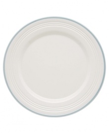 This charming porcelain dinner plate features a four-ringed border. Mix and match with other Tin Can Alley Blue pieces from Lenox for a subtly varied table setting. Qualifies for Rebate