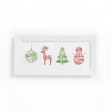 Charming and festive this adorable tray features the word 'holiday' formed into four traditional Christmas motifs-an ornament, tree, snowman and reindeer.