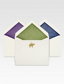 A hand-engraved, metallic silver elephant motif adorns these luxe 2-ply vellum stock notecards, which are accompanied by tissue-lined envelopes in three different colors, and presented in a Mrs. John L. Strong signature brown box.Set of 12About 4.5 X 6Hand-engravedMade in USA