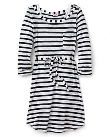 Mix a little riviera into her everyday wardrobe with this nautical-inspired stripe dress, featuring a belted waist and cool contrast trim details.