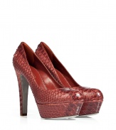 Sultry snake-embossed leather covers these statement pumps from Sergio Rossi - Round toe, high front platform, ultra-high heel, snake-embossed leather - Style with leather leggings, skinny jeans, or a figure-hugging sheath