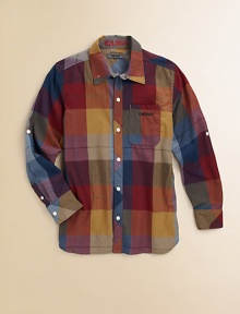 Rustic style gets a sophisticated edge in this multicolored button-down with an oversized check pattern.Point collarLong roll-tab sleeves with button cuffsFront button placketFront patch pocketCurved hemMachine washImported