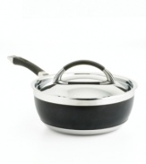 This Anolon saucier impresses with superb materials and sloping sides to help whisk sauces and other liquid ingredients. Three layers of metal compose the exceptional body: a thick inner core of quick and even heating aluminum is sandwiched between gleaming stainless steel. Limited lifetime warranty.