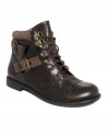 Sturdy leather gets a dose of contrast. G by GUESS' Audrea booties feature fabric straps and a a lace-up vamp.