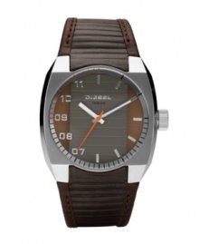 Earthy tones and subtle textures add to the modern charm of this handsome Diesel watch. Brown textured leather strap and round stainless steel case. Brown and gunmetal dial features applied silvertone stick indices and numerals, logo, luminous hour and minute hands and orange second hand. Quartz movement. Water resistant to 100 meters. Two-year limited warranty.