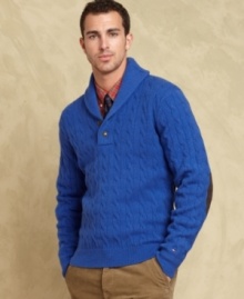 Bring classic fall style to your look this season with this sharp shawl-collar sweater from Tommy Hilfiger.