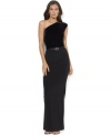 Lauren Ralph Lauren's luxurious floor-length dress, accompanied by an embellished satin belt, is crafted from sleek matte jersey with a velvet bodice.