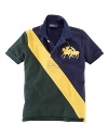 A pieced banner stripe and embroidered Dual Match pony add sporting heritage touches to the classic cotton mesh polo.