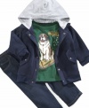 Your little guy will be rocking top-dog style with this cool 3-piece set by Kids Headquarters featuring a hooded jacket, denim pants, and a dog sled graphic tee.