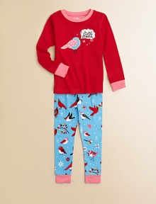 Cozy PJs with a little pun on the front, in soft cotton knit with tweet birdie appliqués on top and birdie-print bottoms.Ribbed contrast crewneckLong sleeves with contrast ribbed cuffsElastic-waist bottoms with contrast ribbed cuffsCottonMachine washImported