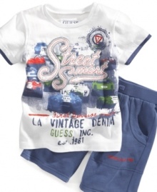 Off to the races. Start his street smarts early with this comfy t-shirt and short set from Guess.