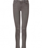 Stylish jean in fine, grey cotton stretch blend - Skinny, medium rise cut sits comfortably at hips - Classic five pocket style crops at ankles - Zip fly, belt loops and single button closure - Versatile and chic, great for day or evening - Dress up with an oversize silk blouse and platform pumps, or go for a more casual look with a billowy tunic top and leather sandals