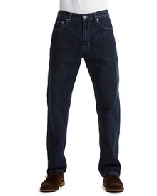 Straight leg jeans with higher rise and a comfortable fit through thigh with 17.25 leg opening. 12 oz denim in dark rinse wash. Zip fly, button closure.