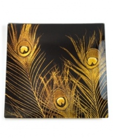 Lavish gold plumes pop against solid black in the attention-grabbing Peacock platter from Prima Designs' collection of serveware and serving dishes. Foil within adds a brilliant metallic quality to already-brilliant glass.