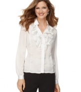 Pretty pindots and a ruffled neckline make this Tahari by ASL shirt the perfect layer to peek out from a jacket or blazer!