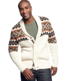 A classic print and a cozy fit make this Sean John cardigan a stylish choice for winter.