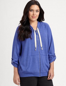 Inspired by the sporty hoodie, this design made from a soft cotton blend, features ultra-feminine roll-tab sleeves offering stylish arm coverage.Attached hoodRoll-tab sleevesKangaroo pocketsBack yokeAbout 26 from shoulder to hemCotton/polyester/rayonMachine washMade in USA