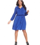 An instant wear-to-work classic: NY Collection's three-quarter-sleeve plus size shirtdress, cinched by a belted waist!