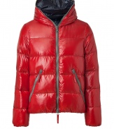 A sleek patina and vibrant contrast piping lend this Duvetica down jacket its sporty and stylish edge - In a lighter weight, wind- and water-resistant red polyamide with grey trim - Straight cut fits close to the body for extra warmth - Full zip, hood and oversize diagonal zippered pockets at front - Perfect for cold weather casual looks - Pair with jeans, chinos, cords and athletic pants