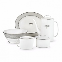 Kate Spade and Lenox join together to bring ease, elegance and understated wit to the table. June Lane is a graceful pattern adorned with a centered dragonfly design, complimented by an elegant accent plate depicting the wings of a dragonfly. Dishwasher safe.