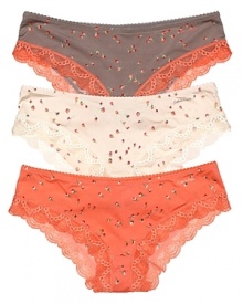 A pretty floral print hipster with delicate floral lace trim and scalloped edge trim.